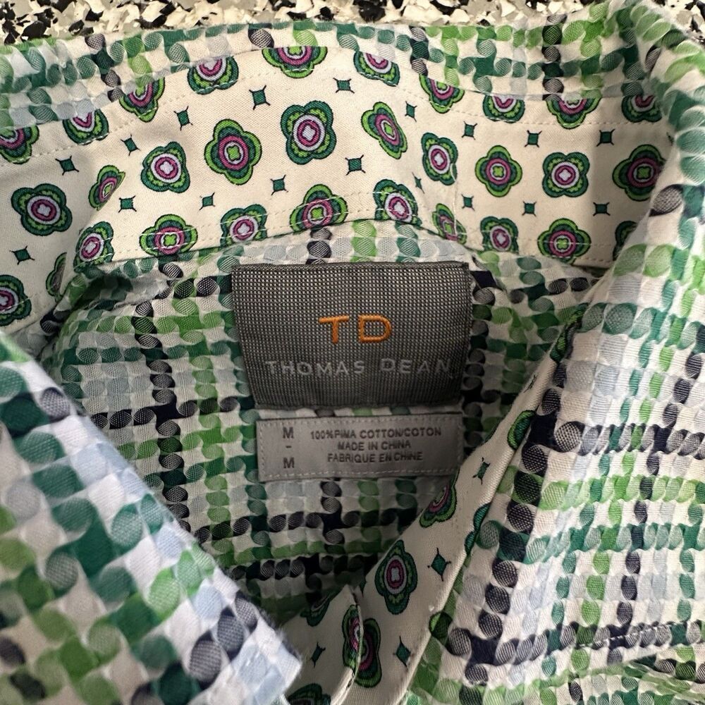 Thomas Dean Shirt Men Medium Green Plaid Button Up Long Sleeve Geometric - Picture 4 of 8